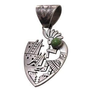 Freddy Charley Sterling Silver Green Turquoise Kokopelli Pendant Rare‎